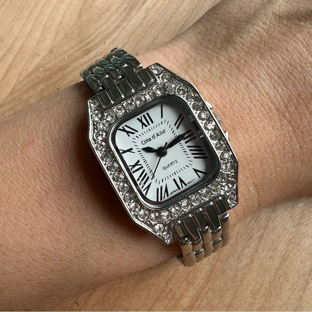 Cote d’ Azur ladies silver tone rectangular cocktail fashion Watch NEW BATTERY